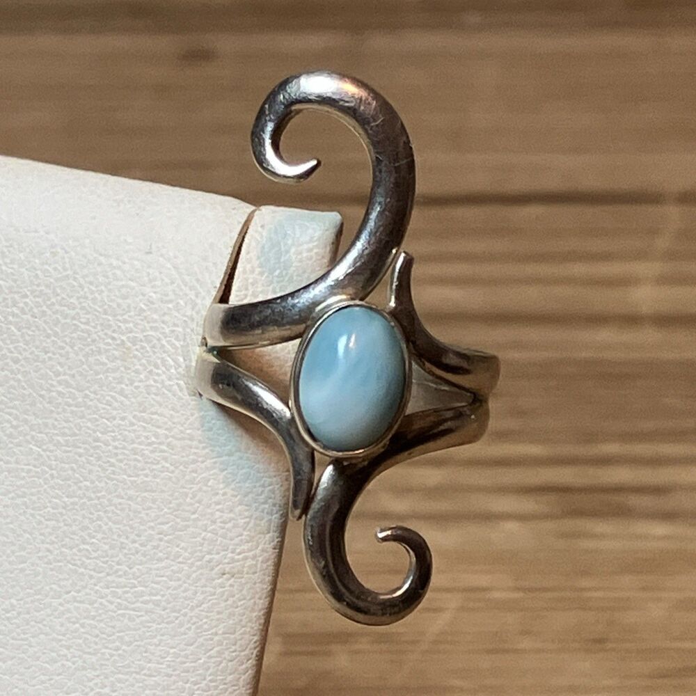 Sterling 925 Silver Larimar Ring With Swirly Design - Size 7.5